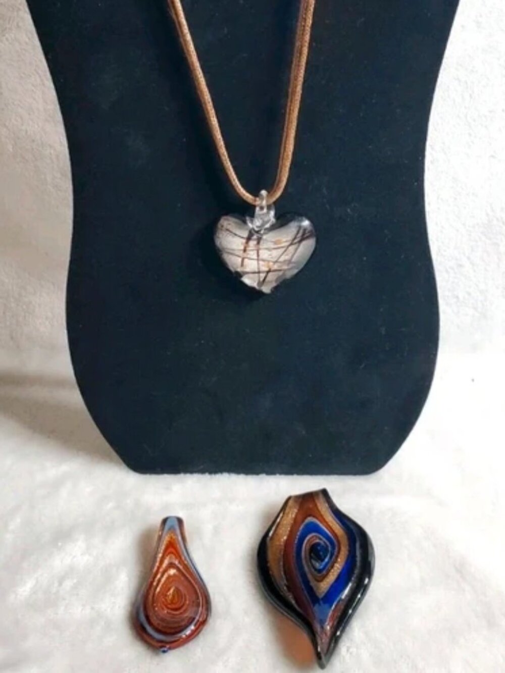 Brown cords necklace with 3 glass blown pendants